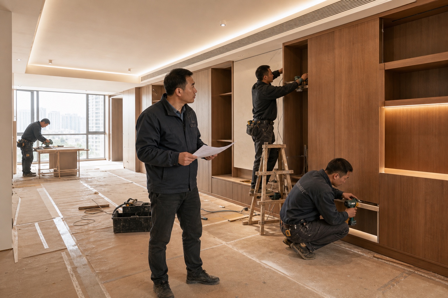 喜装喜筑装修施工现场,项目团队正在进行交付巡检